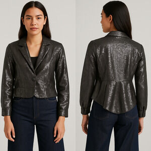 Costa Blanca Black Sequin Blazer Jacket Holiday new year Glam peplum Size 10